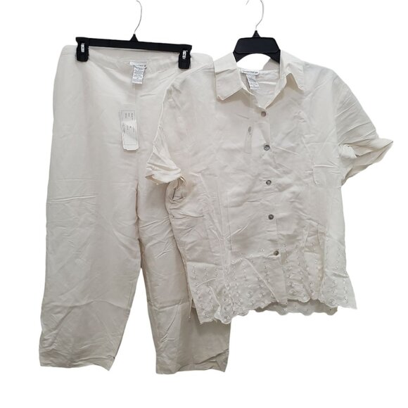 Rene Margo Woman's Vintage Ivory Linen Blend Button Up Capri Set NWT‎ Plus 2X 3X - Picture 1 of 14